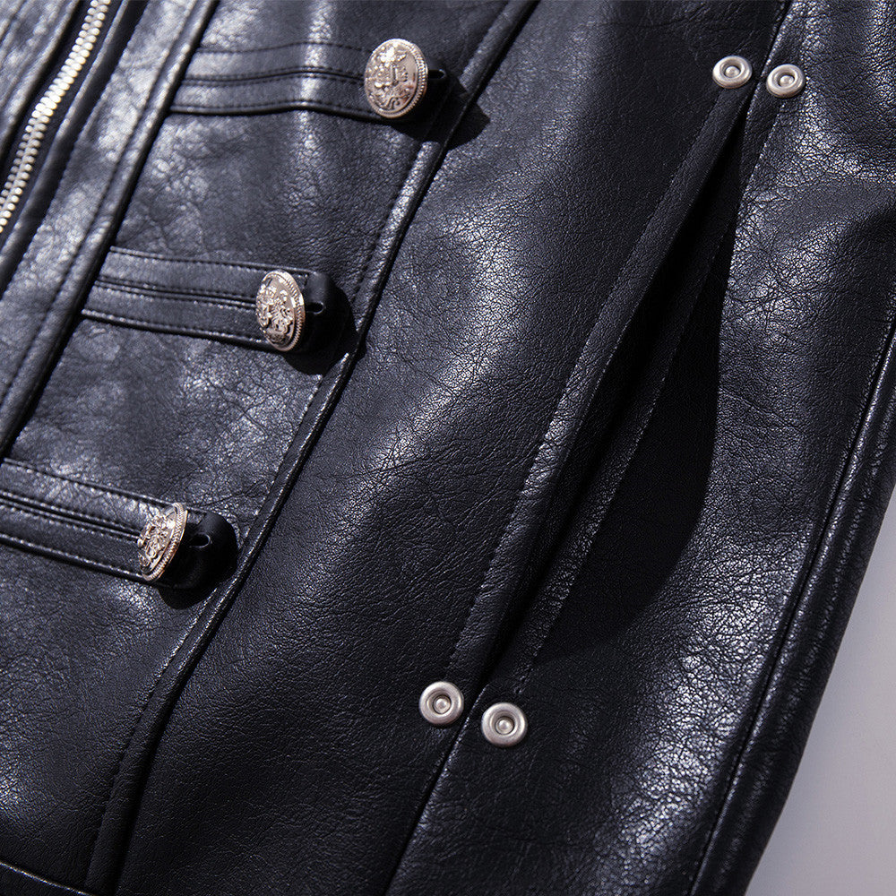 Veste militaire noire pour homme en similicuir PU avec double rangée de boutons argentés