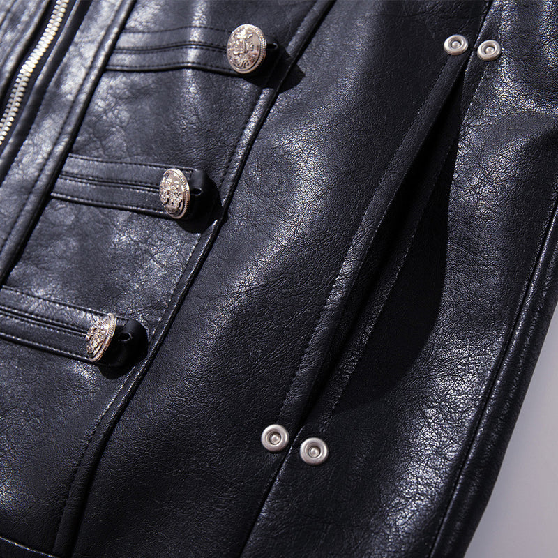 Veste militaire noire pour homme en similicuir PU avec double rangée de boutons argentés