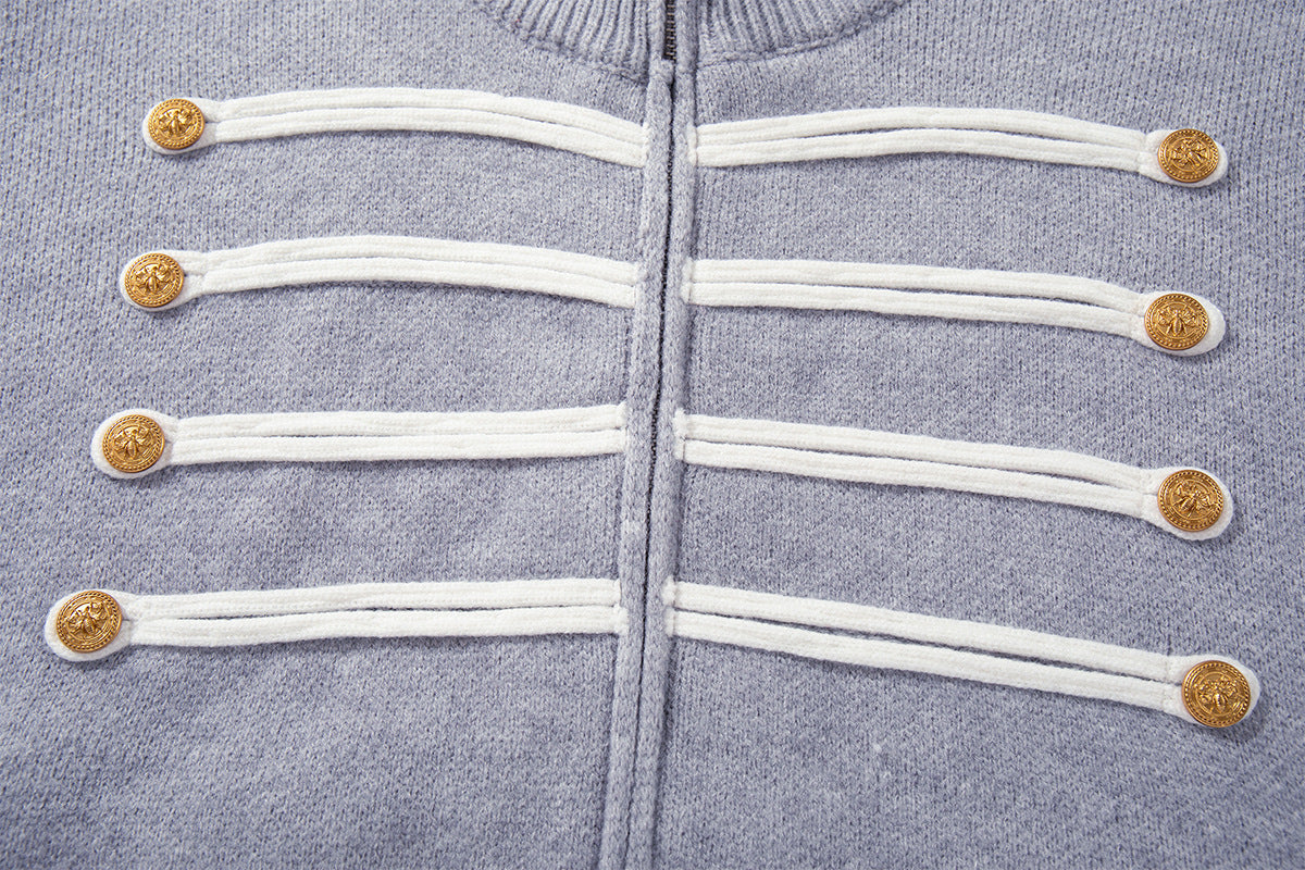 Military Knit Zip-Up Cardigan Sweater with Braided Cord & Button Detail