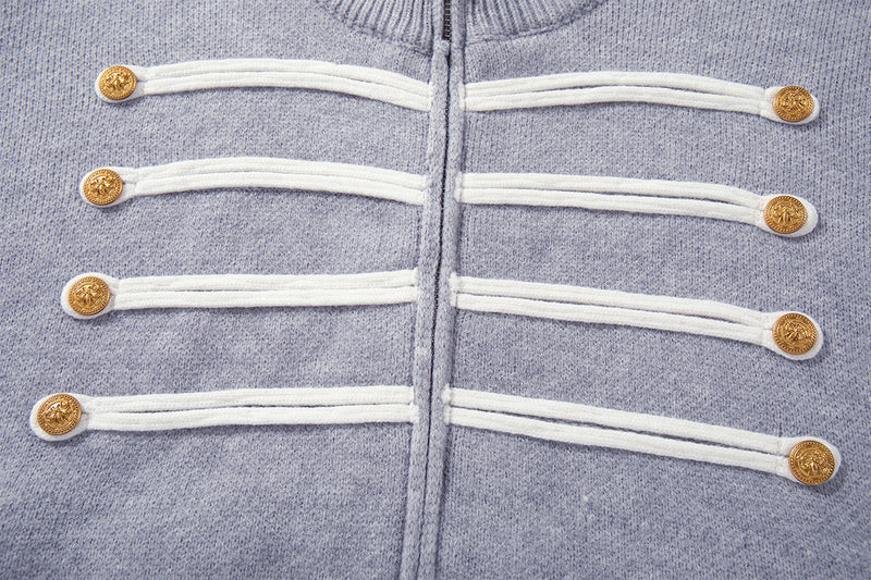 Military Knit Zip-Up Cardigan Sweater with Braided Cord & Button Detail