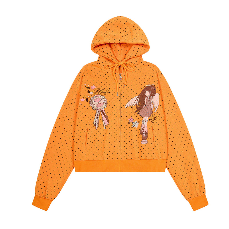 Sweat à capuche zippé anime – Sweat court à pois avec illustration d’ange