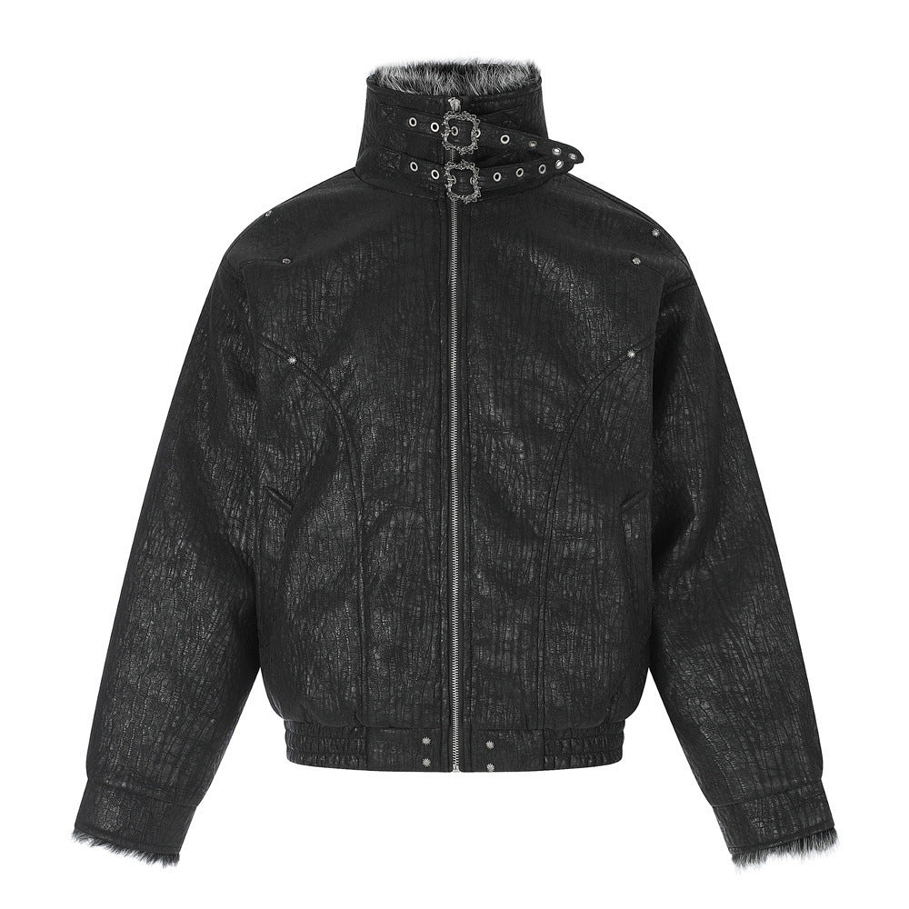 Chaqueta bomber punk oversize – Ribete de pelo sintético, cuello con tira y acolchado cálido