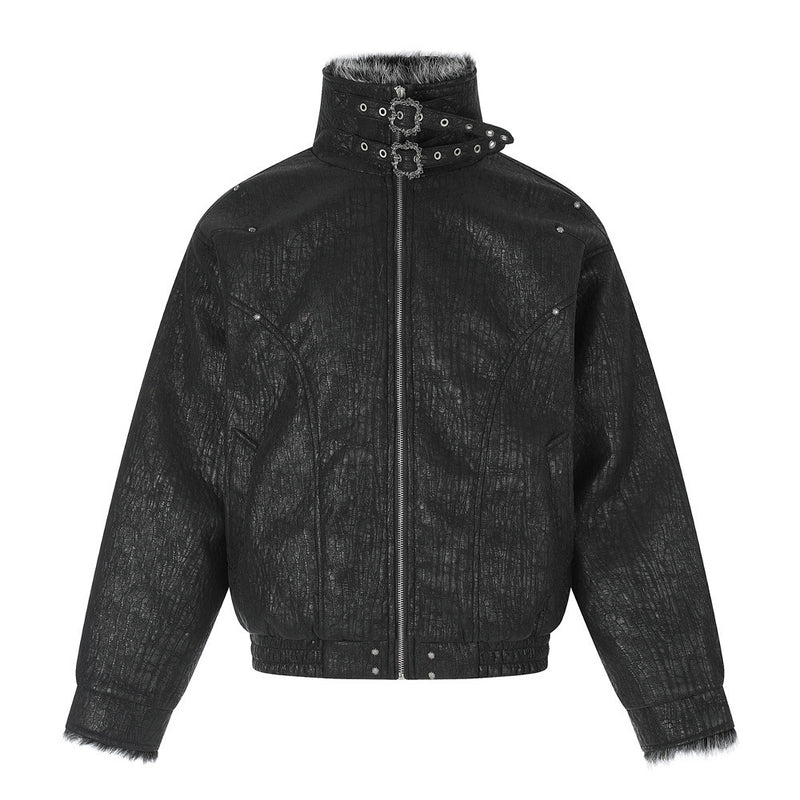 Chaqueta bomber punk oversize – Ribete de pelo sintético, cuello con tira y acolchado cálido