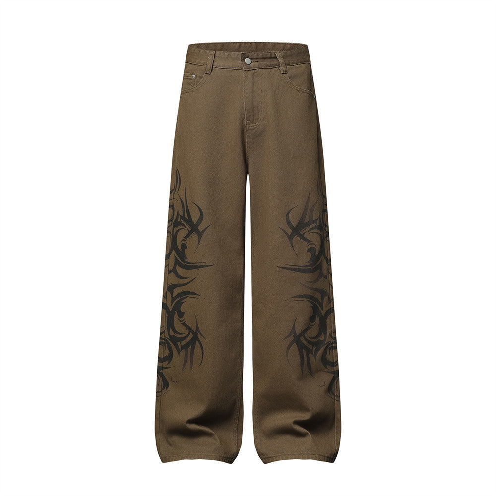 Tribal Print Wide-Leg Jeans – Men's Streetwear Straight Baggy Pants
