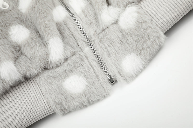 Polka Dot Faux Mink Hooded Zip Jacket – Oversized Streetwear Coat with Ornate