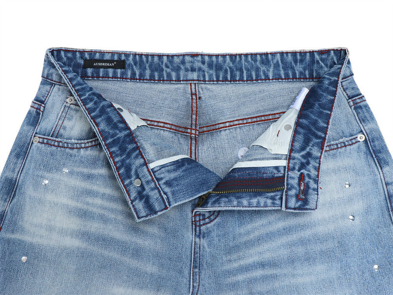 Men's Distressed Flare Jeans – Light Blue Washed Denim with Plaid Patch Detail