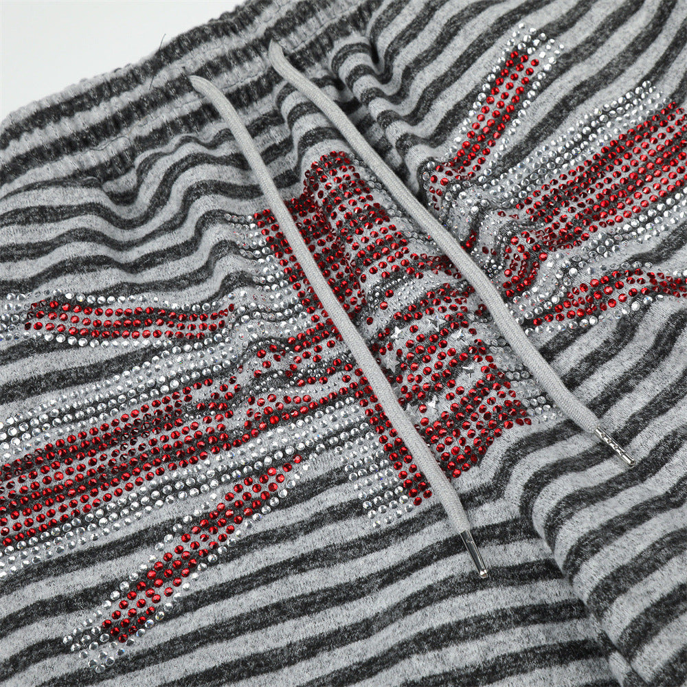 Wide-Leg Striped Cargo Pants with Union Jack Rhinestone Detail