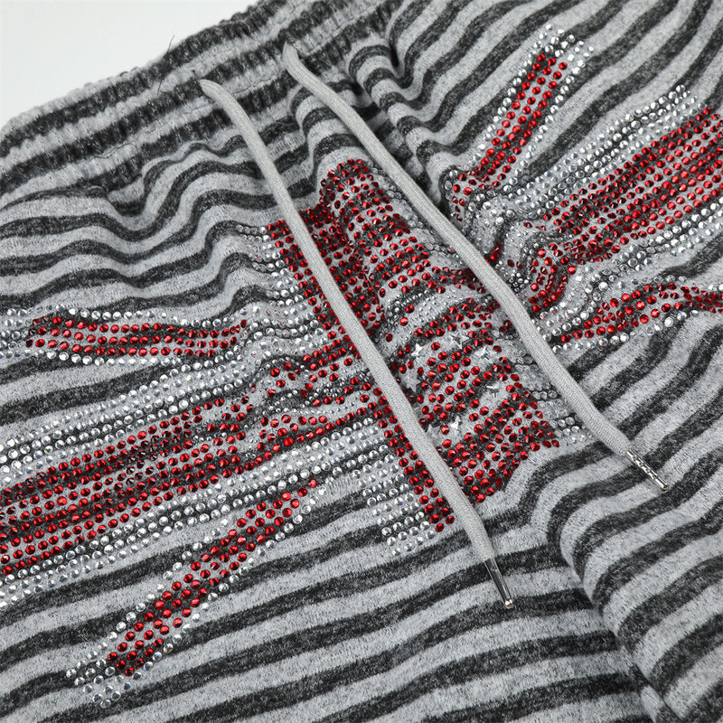 Wide-Leg Striped Cargo Pants with Union Jack Rhinestone Detail