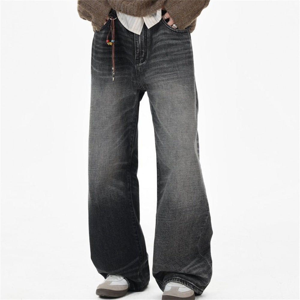 Wide-Leg Baggy Jeans – Washed Black Grey Vintage Straight-Cut Denim