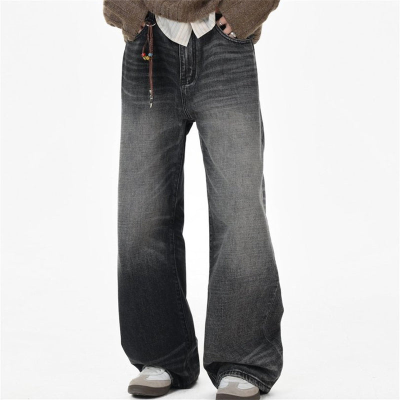 Wide-Leg Baggy Jeans – Washed Black Grey Vintage Straight-Cut Denim