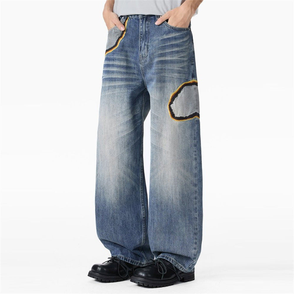 Men's Baggy Straight-Leg Jeans with Embroidered Patch Detail – Distressed Blue