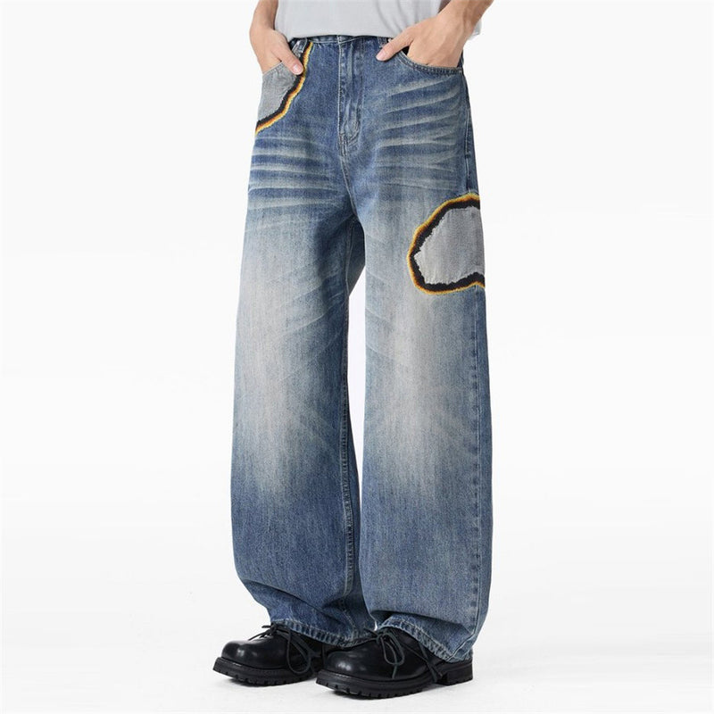 Men's Baggy Straight-Leg Jeans with Embroidered Patch Detail – Distressed Blue