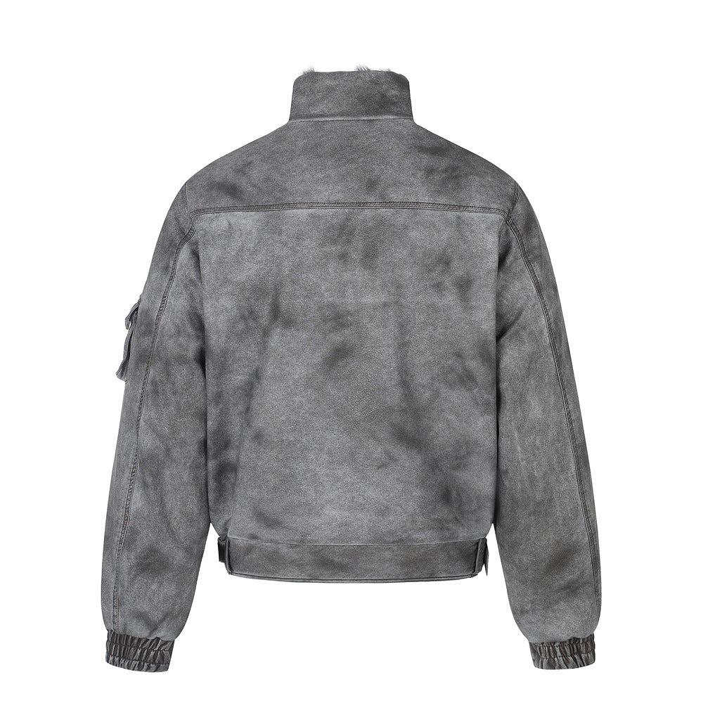 Men's Distressed Bomber Jacket with Faux Fur Collar – Padded Stand-Collar