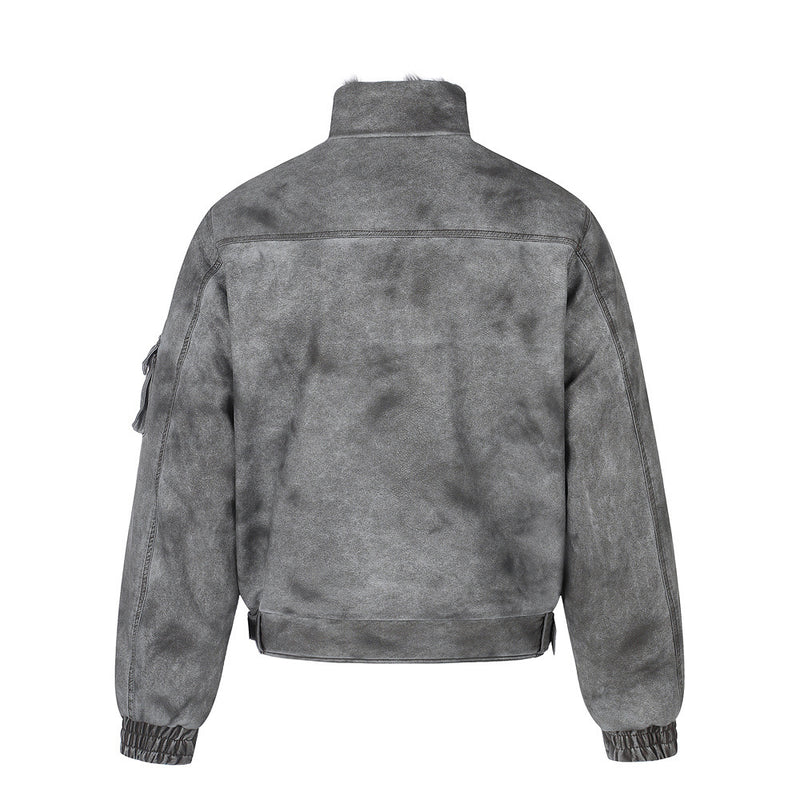 Men's Distressed Bomber Jacket with Faux Fur Collar – Padded Stand-Collar