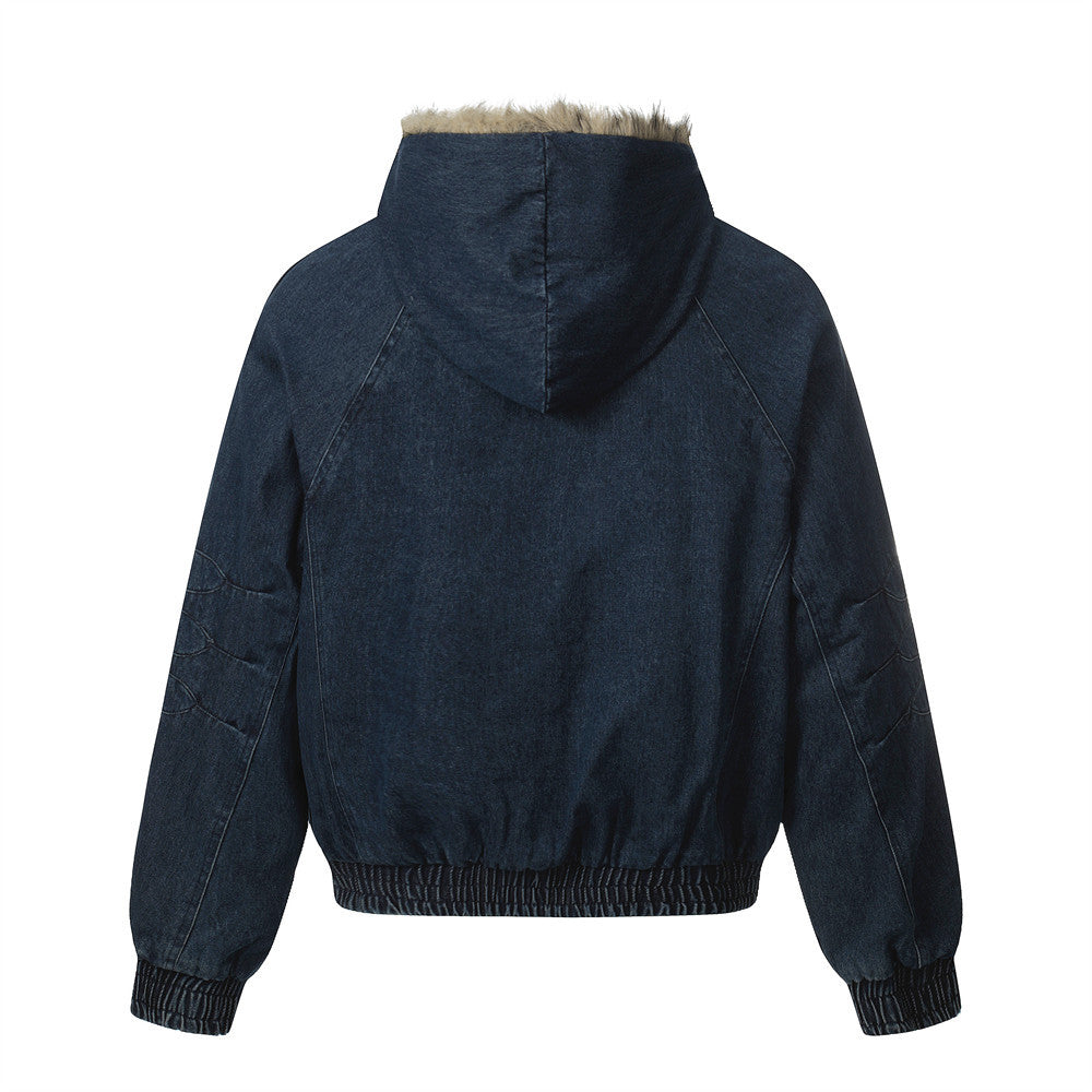 Fur-Trim Hooded Denim Bomber Jacket – Padded Winter Coat