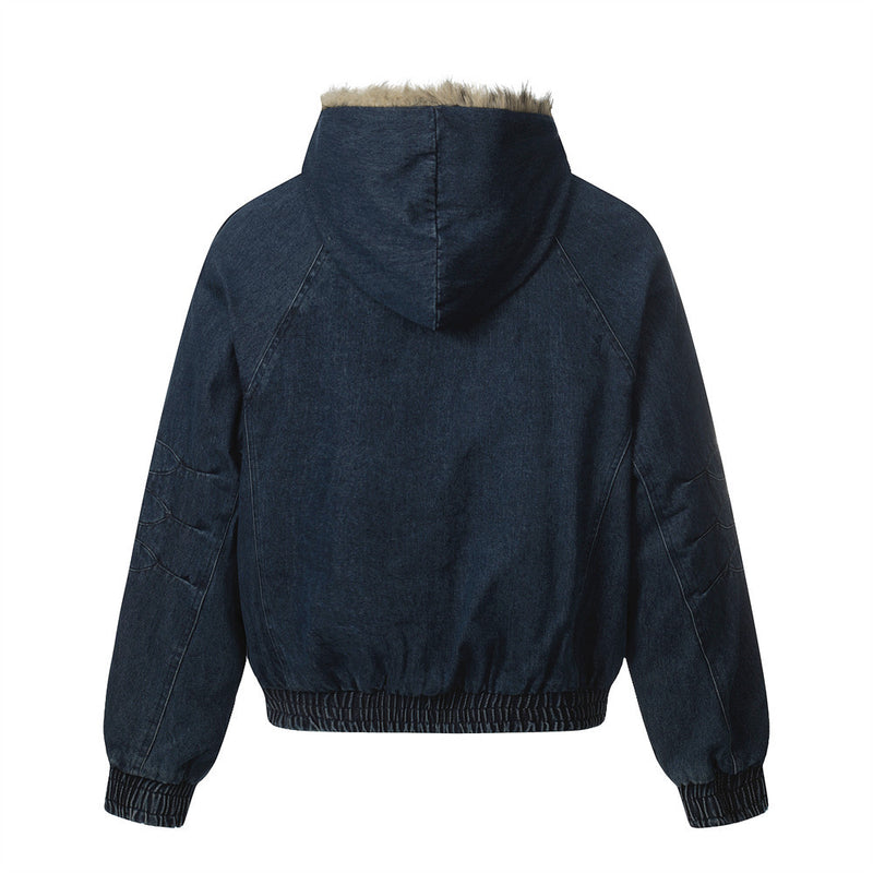 Fur-Trim Hooded Denim Bomber Jacket – Padded Winter Coat