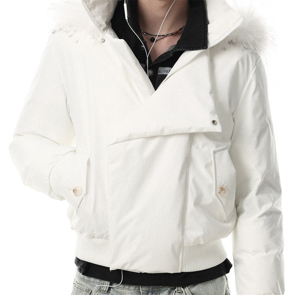 Fur-Trim Hooded Bomber Down Jacket – Oversized Fit with Stand Collar