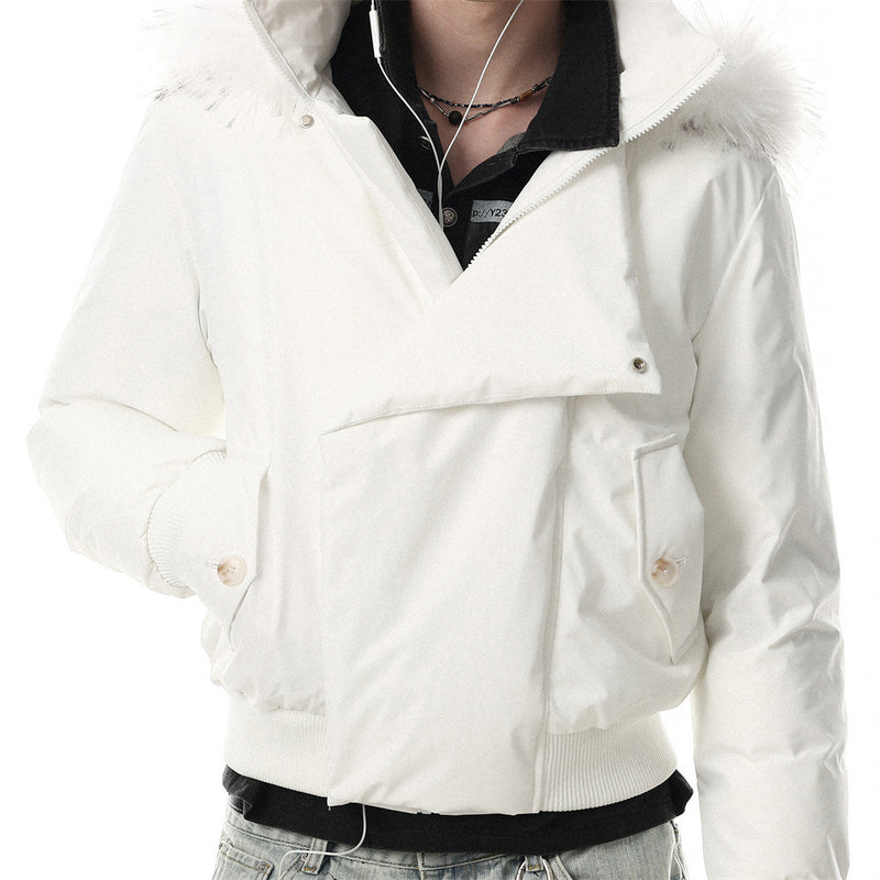Fur-Trim Hooded Bomber Down Jacket – Oversized Fit with Stand Collar