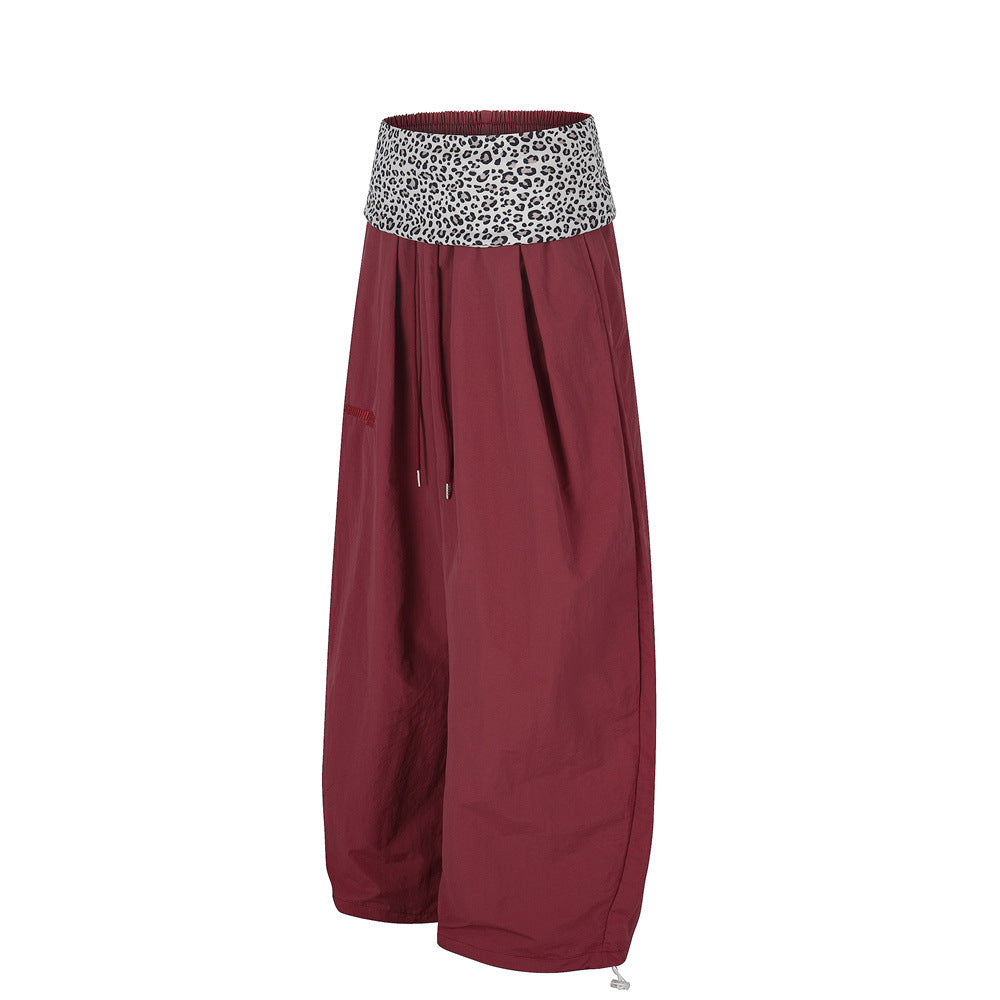 Wide-Leg Balloon Pants with Leopard Print Waistband & Drawstring Hem