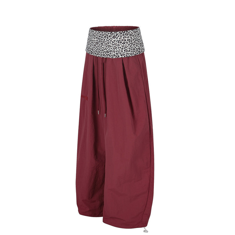 Wide-Leg Balloon Pants with Leopard Print Waistband & Drawstring Hem