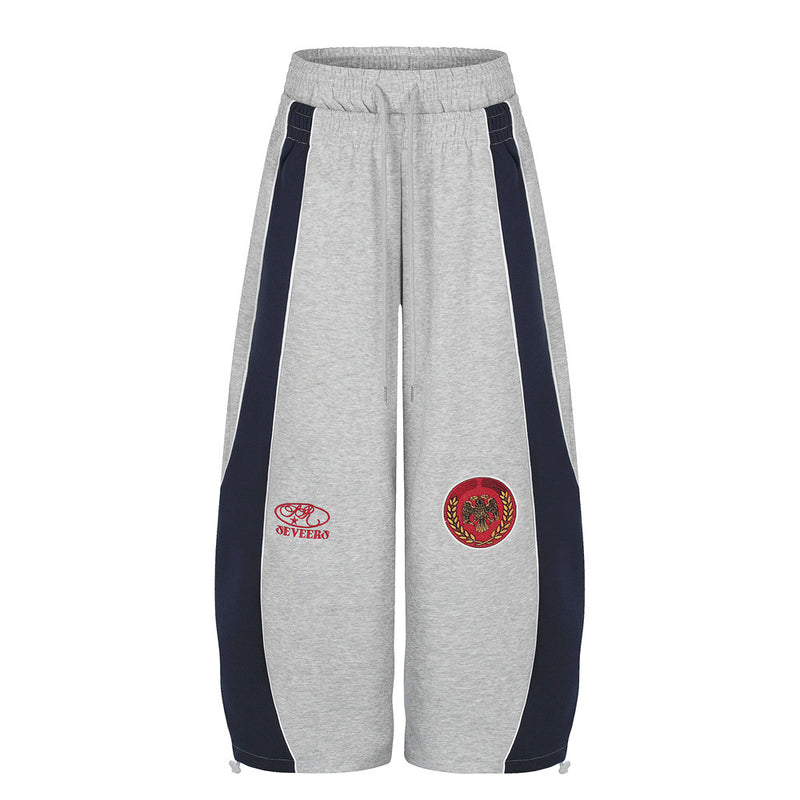 Colorblock Wide-Leg Sweatpants with Eagle Emblem & Faux Double Waistband