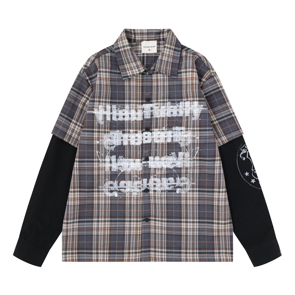 Plaid Faux Two-Piece Long Sleeve Shirt – Punk Letter Print, Relaxed Fit
