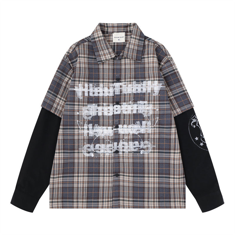 Plaid Faux Two-Piece Long Sleeve Shirt – Punk Letter Print, Relaxed Fit