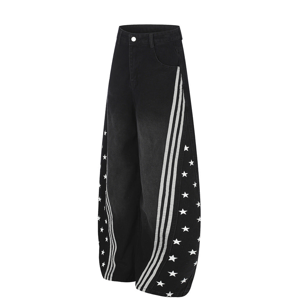 Baggy-Jeans für Herren in Schwarz – Sternprint & Wide-Leg-Denim mit drei Streifen