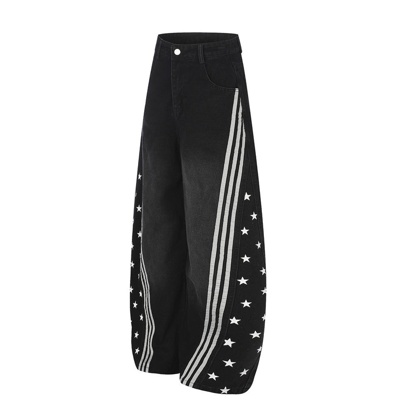 Baggy-Jeans für Herren in Schwarz – Sternprint & Wide-Leg-Denim mit drei Streifen