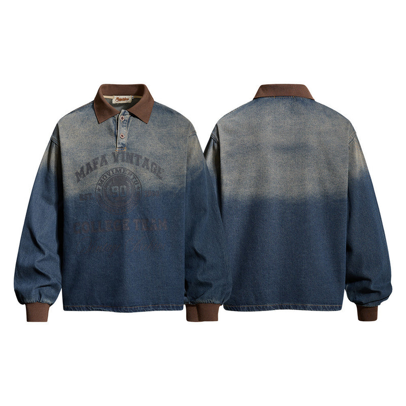 Washed Denim Long-Sleeve Polo Sweatshirt – Vintage Tie-Dye Fade, Oversized Fit