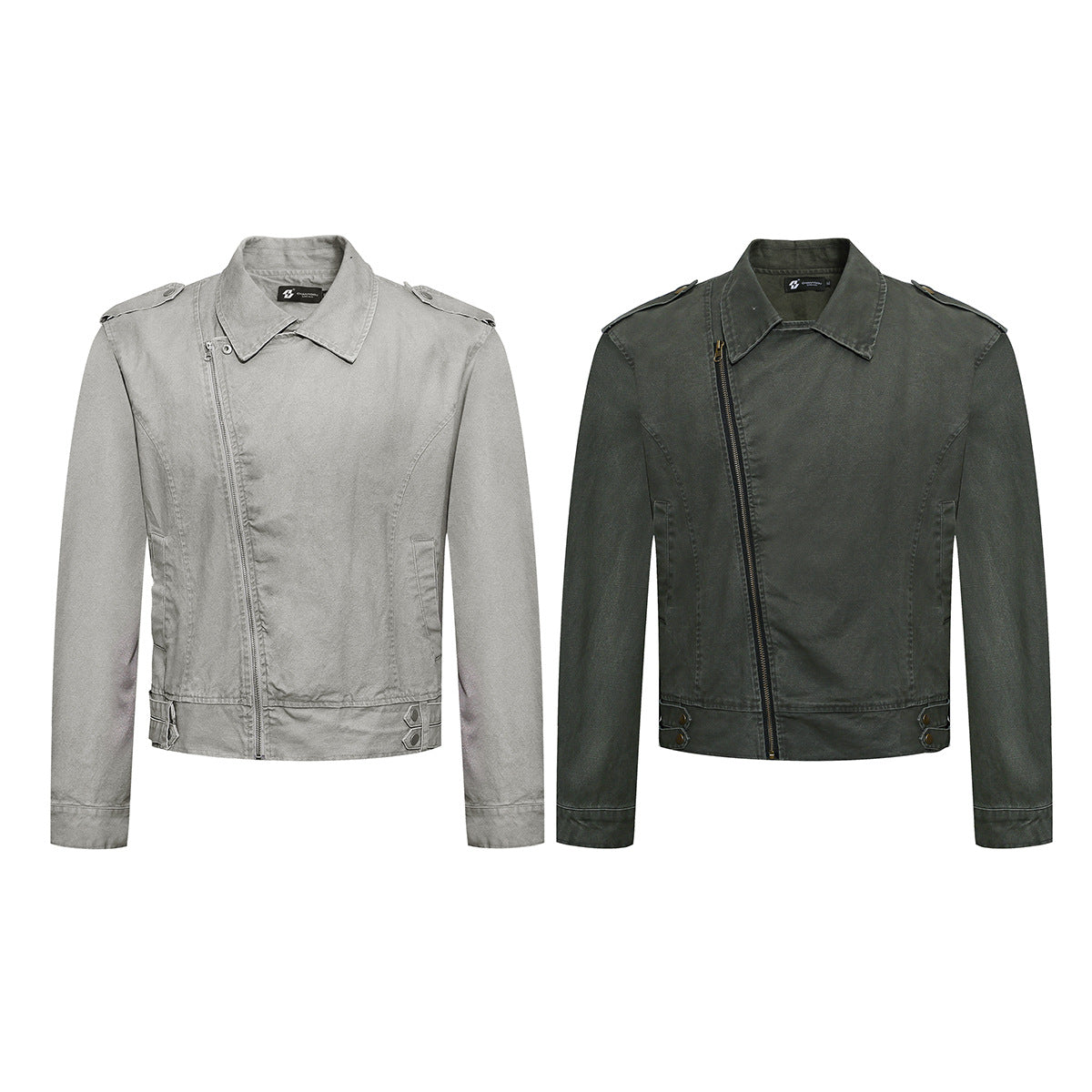Men's Washed Asymmetric-Zip Moto Jacket with Epaulettes