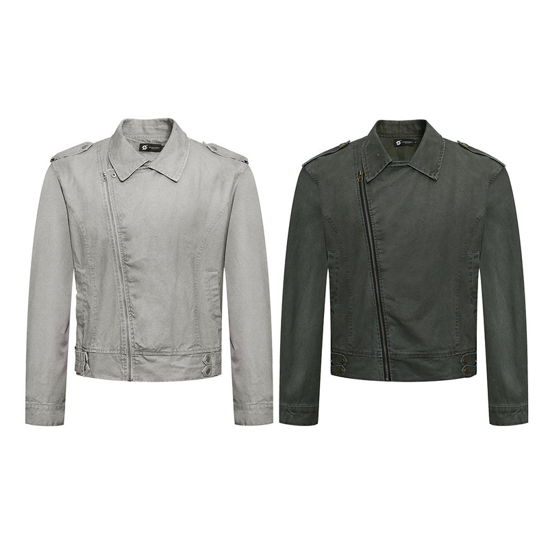 Men's Washed Asymmetric-Zip Moto Jacket with Epaulettes