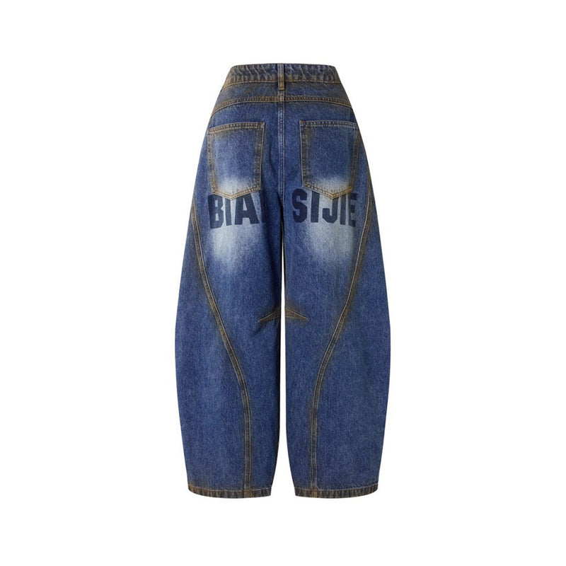 Baggy Wide-Leg Jeans – Deconstructed Patchwork Scimitar Seam, Vintage Wash with
