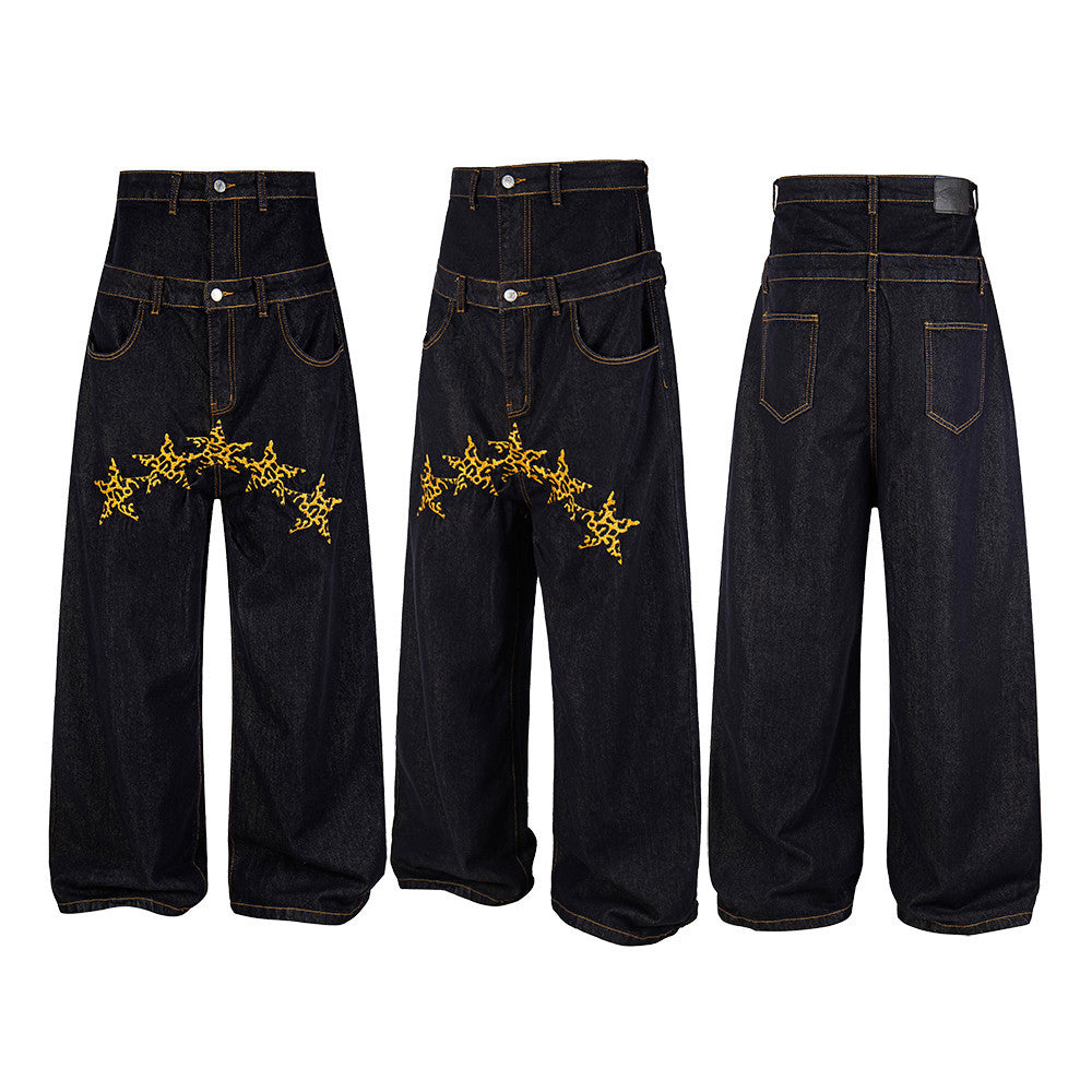 High-Waist Wide-Leg Jeans with Star Embroidery – Double Waistband Baggy Fit