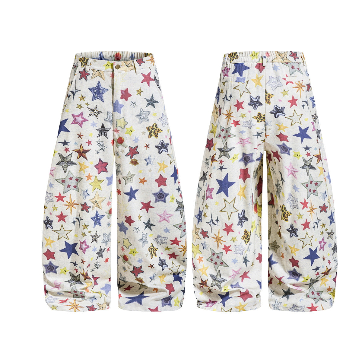 Wide-Leg Baggy Pants – All-Over Colorful Star Print, High Waist