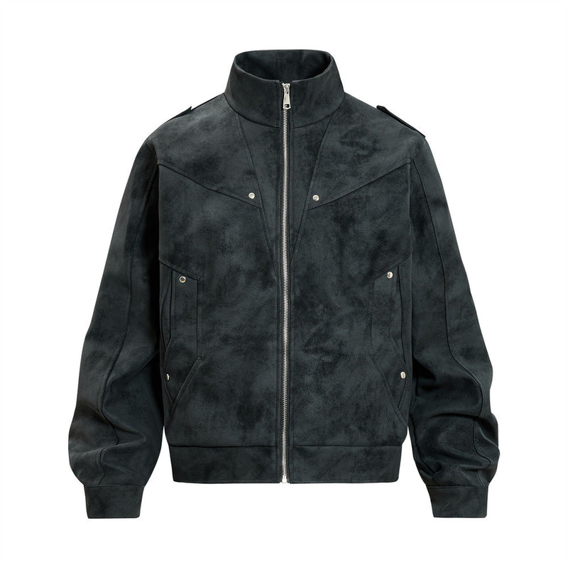 Men's Retro Distressed Suede-Texture PU Leather Stand Collar Bomber Jacket