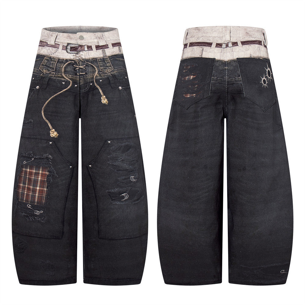 Wide-Leg Jeans with Faux Double Waistband, Rope Lace-Up & Distressed Patchwork