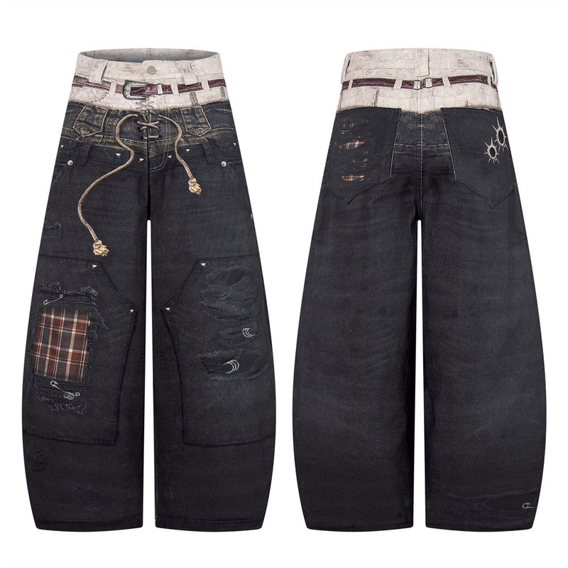 Wide-Leg Jeans with Faux Double Waistband, Rope Lace-Up & Distressed Patchwork