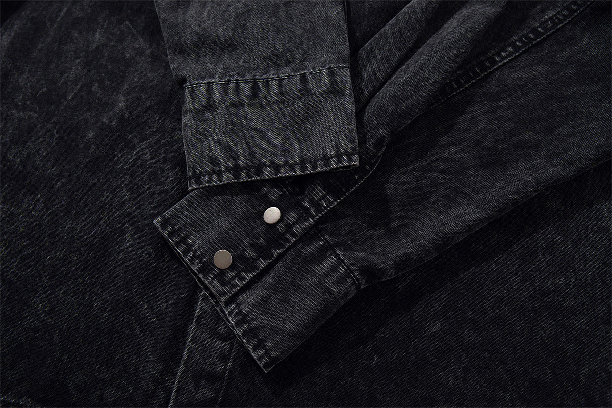 Washed Denim Shirt Jacket with Patchwork Pocket & Embroidered Collar