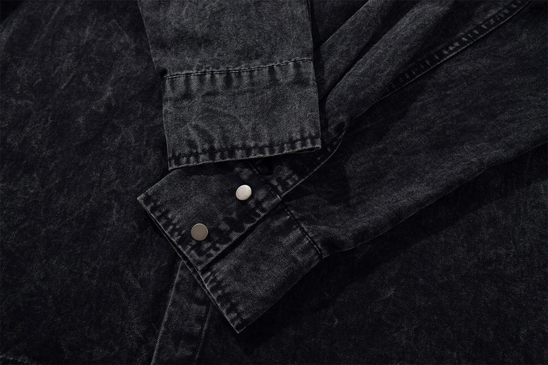 Washed Denim Shirt Jacket with Patchwork Pocket & Embroidered Collar