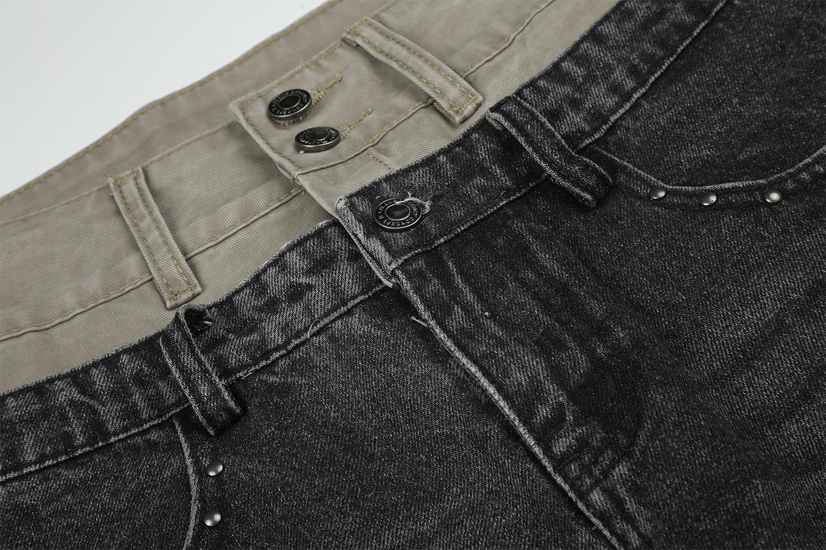 Baggy Double Knee Jeans – Dark Grey Wide-Leg Denim with Double Waistband &