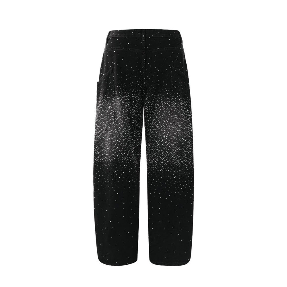 Rhinestone Wide-Leg Jeans – Men's Distressed Denim with Large Cargo Pockets &