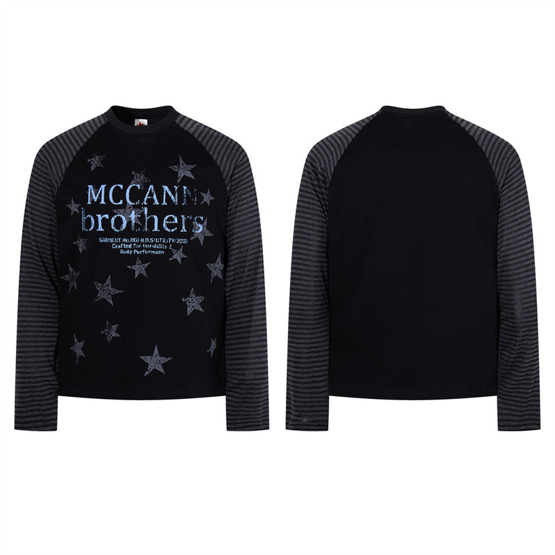 Star Print Raglan Long Sleeve Shirt – Striped Sleeve Colorblock Tee