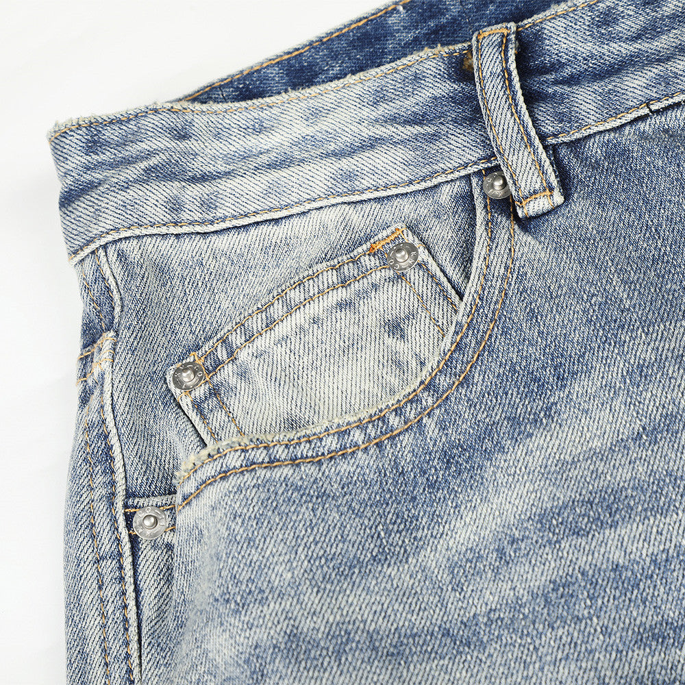 Wide-Leg Distressed Jeans – Men's Light Wash Ripped Straight-Fit Denim