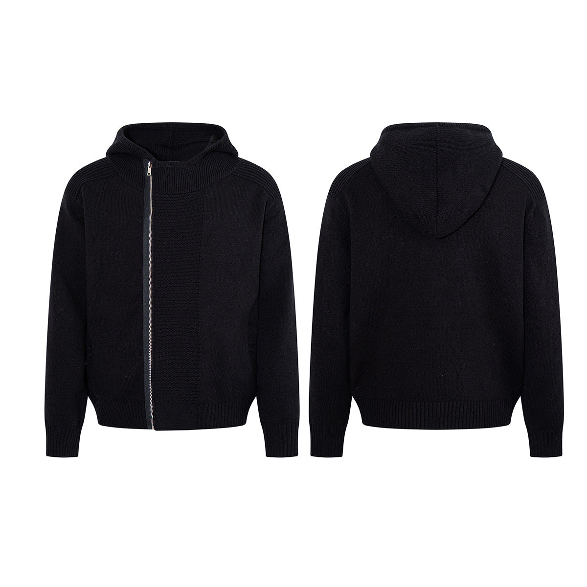 Zip Up Hoodie Black Knit Oversized Full-Zip Sweater Hoodie