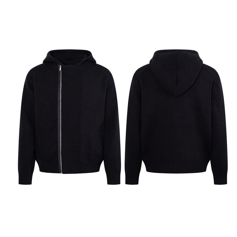 Zip Up Hoodie Black Knit Oversized Full-Zip Sweater Hoodie