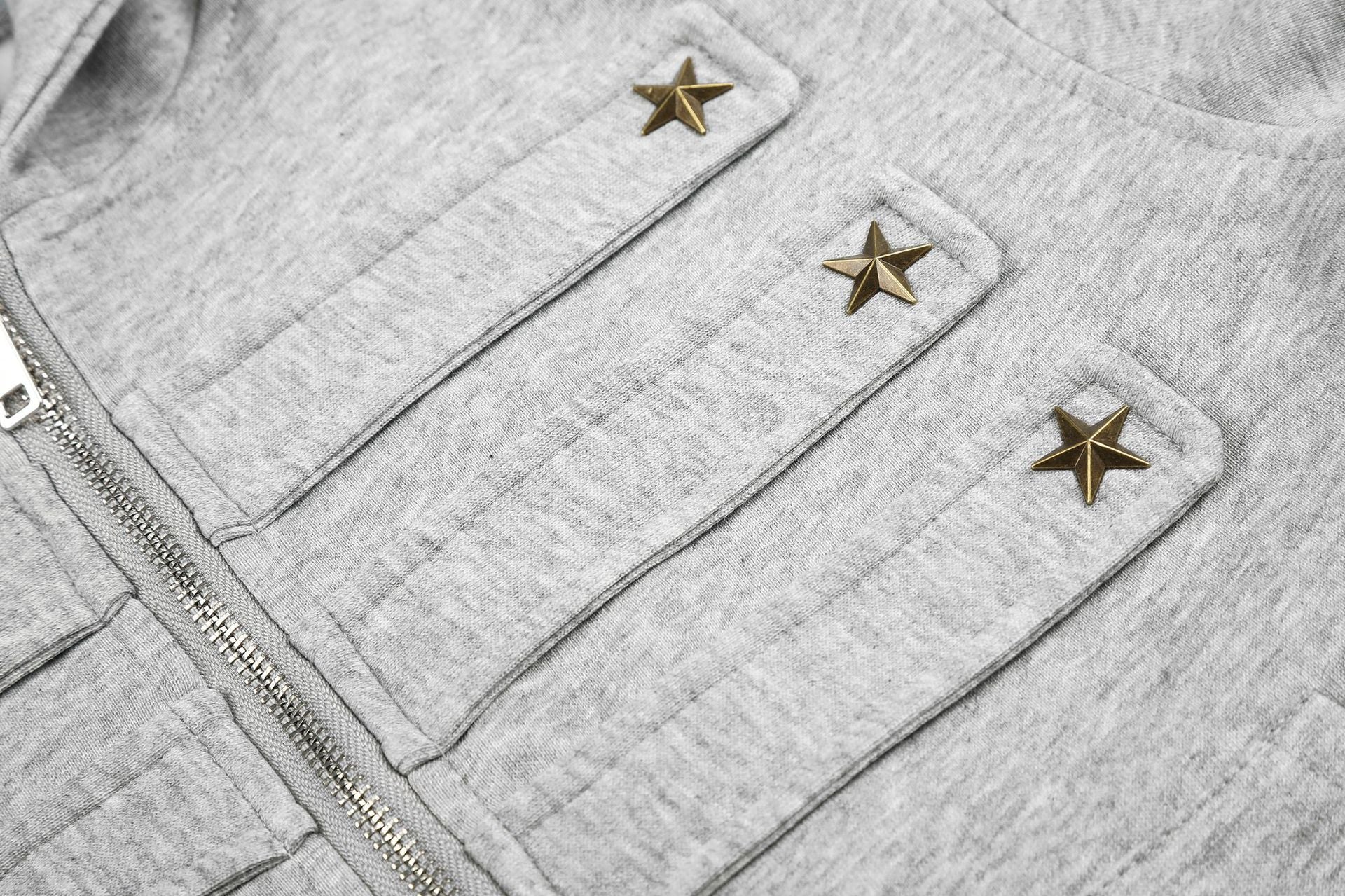 Military-Style Zip-Up Hoodie Jacket with Star Studs & Camo Print