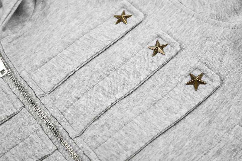 Military-Style Zip-Up Hoodie Jacket with Star Studs & Camo Print