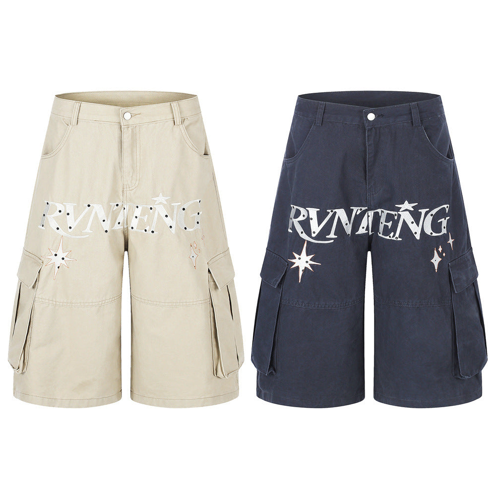 Men's RVNTENG letter embroidery wide-leg cargo shorts in navy with star graphic details and large side pockets