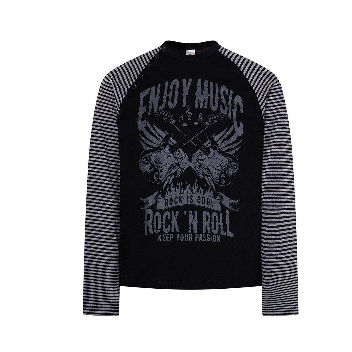 Long Sleeve Raglan Shirt – Rock 'N Roll Graphic, Black & White Striped Sleeves